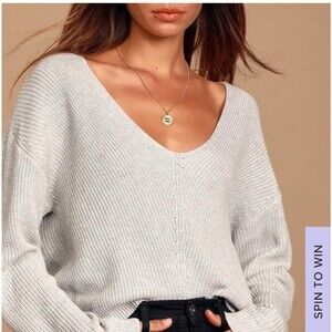 LULUS V-NECK SWEATER GRAY WOMENS SMALL LONG SLEEVE COTTON BLEND